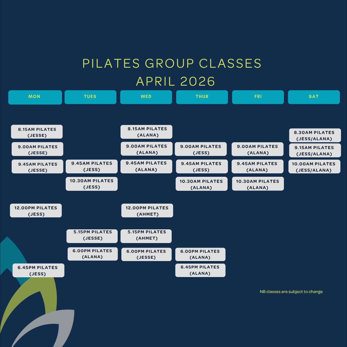 Williamstown Health and Lifestyle Clinical Pilates Class Timetable