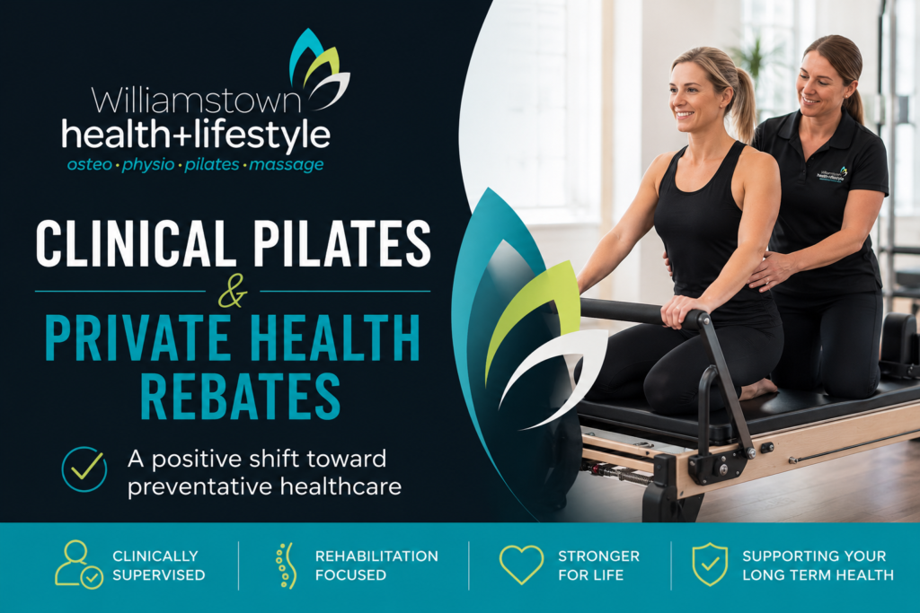 Clinical Pilates session at Williamstown Health + Lifestyle focusing on rehabilitation, movement retraining and private health rebate eligible care